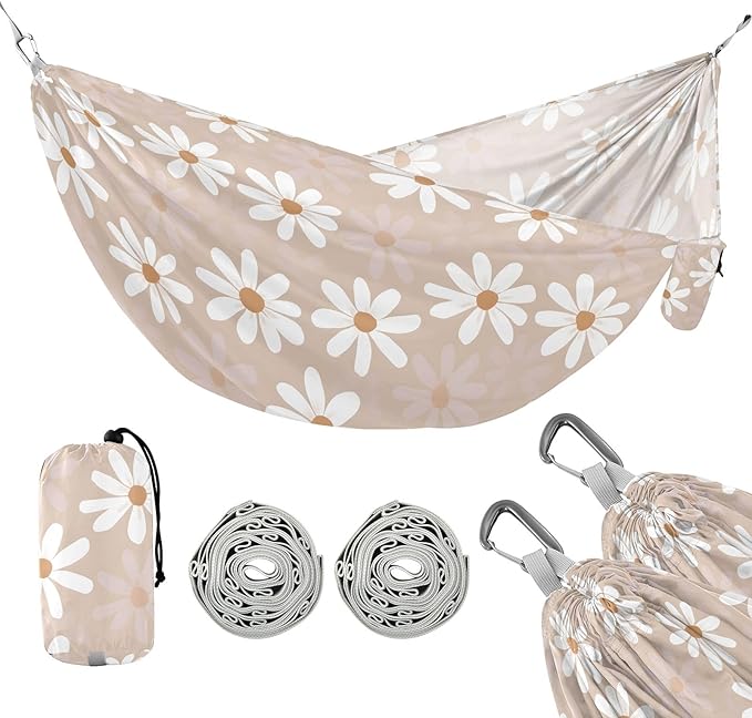 Camping Hammock Outdoor Hammocks for Outside Flower Oatmeal Color Beach Trees Portable Lightweight with Pockets Tree Straps Indoor Small