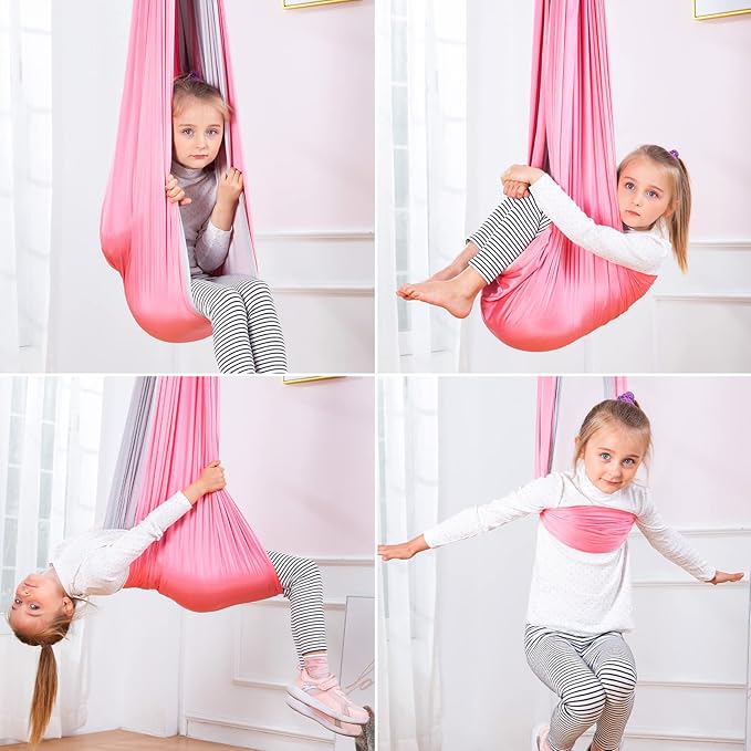Therapy Swing Hammock Kids Cuddle Sensory Swing Indoor Therapeutic Hammock 360° Rotating Double Layer Elastic Rocking Cloth Swing Gifts for Children with ADHD SPD Asperger Autism (Pink+Grey)