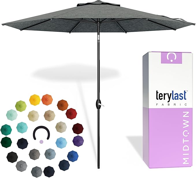 Midtown Umbrellas 10-Year-No-Fade - 8 Ft - UV Proof Greige Polyester Fabric - Umbrella Outdoor Patio, Auto-Tilt Aluminum Frame Patio Umbrella for Garden, Pool & Deck - Black Pole