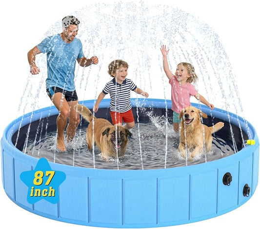 Foldable Dog Pool with Sprinkler, 87 in Extra Large Dog Swimming Pool, 2-in-1 Outdoor Collapsible Pet Bathing Tub for Pets Dogs Cats and Kids