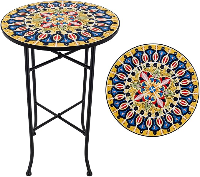 14 Inch Mosaic Patio Side Table with X-Straight Legs, Indoor Outdoor Accent Round End Table with Ceramic Tile Tops for Yard, Garden, Living Room, Bistro, A - Grand Mandala