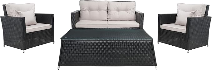 SAFAVIEH Outdoor Collection Lorma Black/Light Grey Wicker 4-Piece Conversation Patio Set