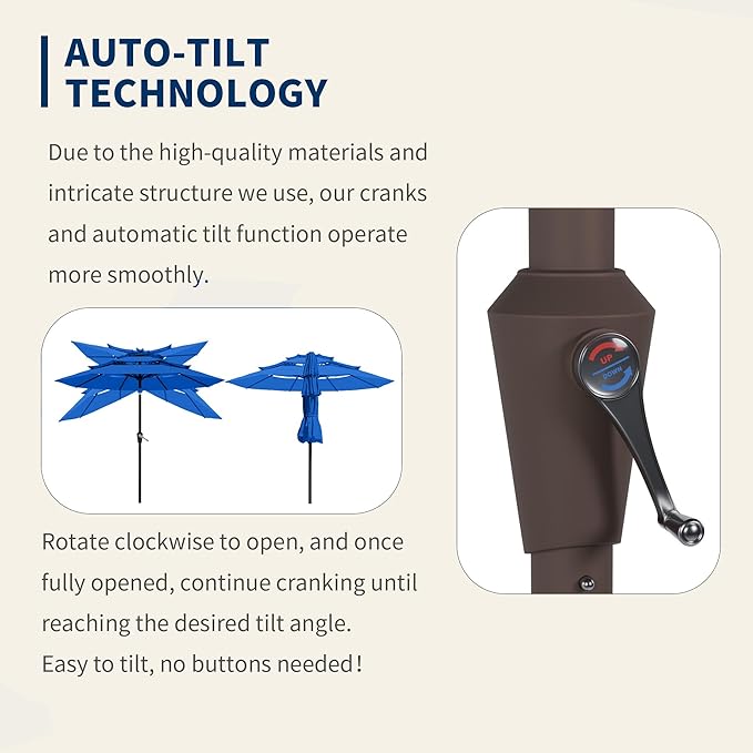 9FT 3 Tiers Patio Umbrella With Auto Tilt And Crank, Outdoor Table Market Umbrella with 8 Sturdy Ribs for Garden, Lawn, Deck, Backyard and Pool