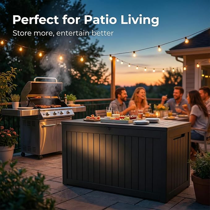 230 Gallon Patio Storage Box, Outdoor Resin Deck Box with Hydraulic Lid, Lockable & Waterproof for Garden Tools, Furniture Cushions, UV Resistant Outside Storage, Black