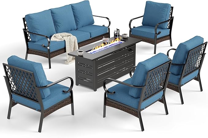 6 Piece Metal Outdoor Patio Furniture Sets with Firepit Table, Patio Conversation Sets 1 3-Seater Sofa, 4 Single Sofa with 5.75" Extra Cushion Backyard Furniture for Deck, Denim Blue