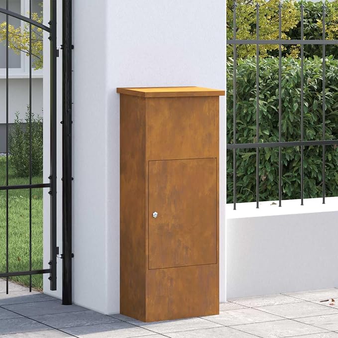 Weathering Steel Parcel Drop Box, Large Secure Delivery Mailbox for Porch, Weather-Resistant Outdoor Package Lock Box, 17.52 x 11.42 x 43.50 in