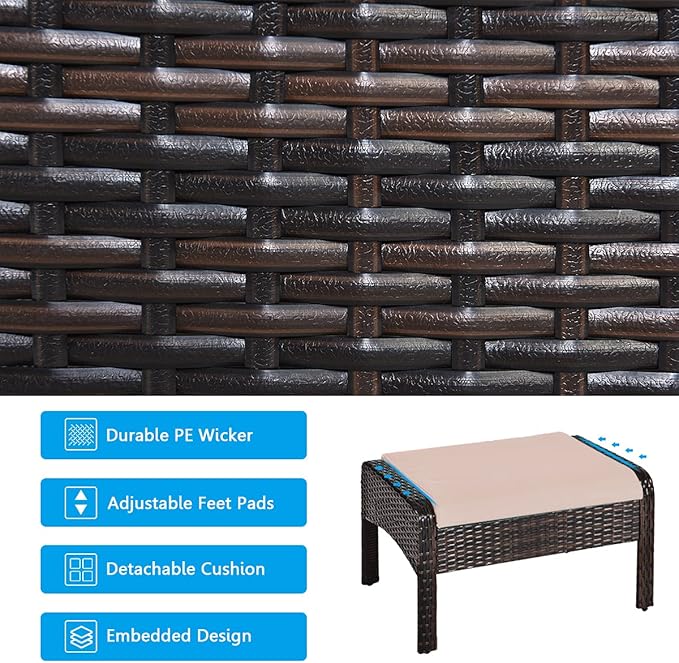 HAPPYGRILL 5-Piece Patio Furniture Set Outdoor Rattan Wicker Conversation Set with Coffee Table Cushioned Sofas and Ottoman Chat Set for Garden Backyard