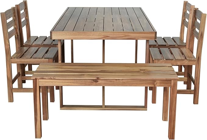 LUMISOL 6 Piece Patio Conversation Furniture Set, 6-Piece Outdoor Table Set with 4 Chairs and 1 Bench for 6 Persons, Acacia Wood Outdoor Table and Chair Set for Patio Balcony Backyard, Natural Wood