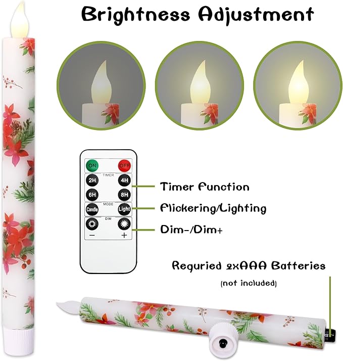 Christmas Flameless Taper Candles 2 Pack Christmas Poinsettia Flowers Battery Operated Candle with Remote Real Wax Flickering LED Fake Candle Home Decor for Xmas New Year Wedding Party