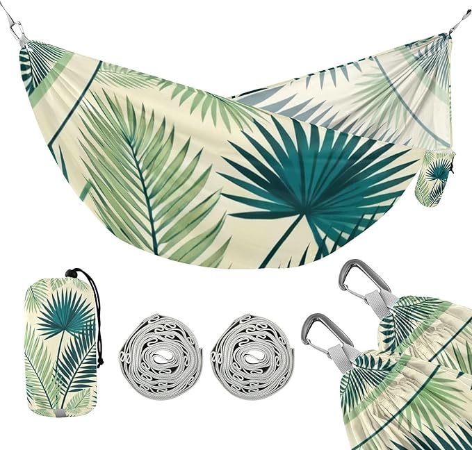 Tropical Palm Leaves Outdoor Hammock with Tree Straps for Outside Patio Garden