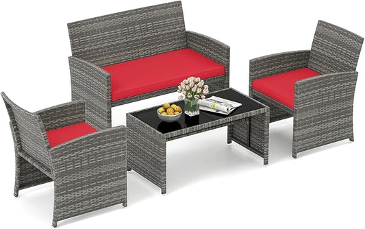 HAPPYGRILL 4 Piece Rattan Wicker Patio Conversation Set, Outdoor Furniture with Chair Loveseat Table & Cushion, for Backyard Porch Balcony (1, Red)