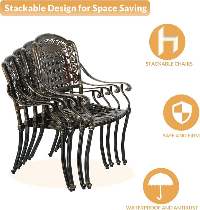 9-Piece Patio Furniture Dining Set, All Weather Cast Aluminum Outdoor Conversation Set- 61" Round Patio Dining Table with Detachable Lazy Susan & 8 Chairs, 2" Umbrella Hole, Dark Bronze
