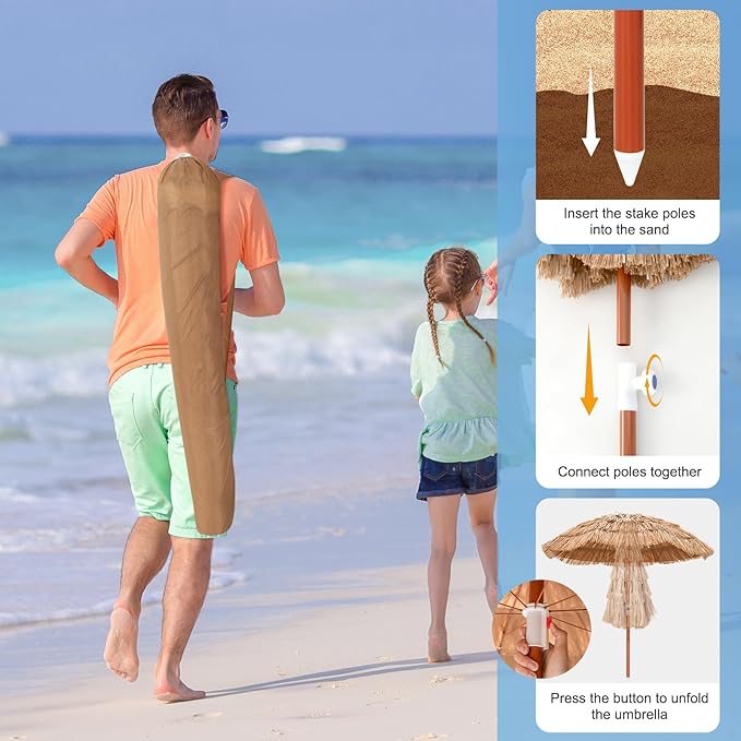 Tangkula 6FT Tiki Patio Umbrella, Hawaiian Style Thatched Market Table Umbrella with Carrying Bag, Tilt Design, 8 Ribs, Tropical Outdoor Umbrella for Beach Patio Garden Pool Backyard (1, Natural, 6 Ft)