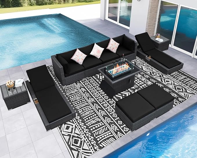 NICESOUL 11 Piece Sectional Outdoor Set with Chaise Lounge, Extra Large Backyard Seating with Firepit, 29.3'' Highback Patio Couch Sofa, Heavy Duty All-Weather Wicker Furniture for Deck, Grey & Black