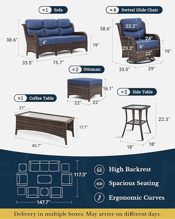 HILLGA Luxury Patio Furniture Set with 6-inch Thick Cushion, Outdoor Couch and High Back Swivel Rocker Patio Chairs, 10PCS Wicker Conversation Set for Deck Yard and Poolside, Blue (V2)