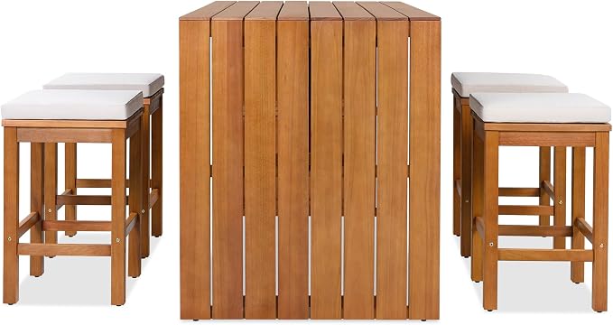 5 Piece Outdoor Bar Set, Patio Acacia Wood Bar Height Table & Four Stools with Cushions for Backyard, Poolside, Balcony (Beige+Natural)