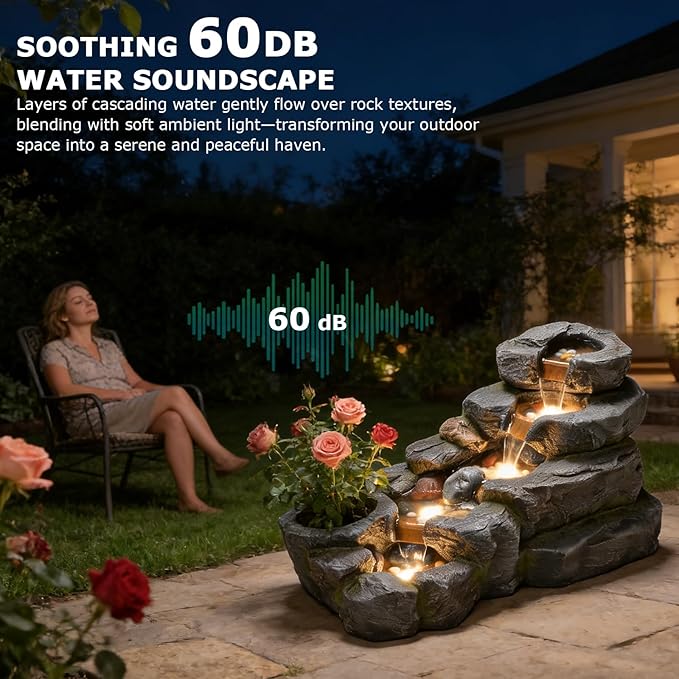 38.2" L Garden Water Fountain Outdoor, 5 Tiered Rock River Waterfall Fountains Natural Water Feature Floor Standing Water Fall Fountains Outside with Light for Patio, Yard, Landscape (Grey)