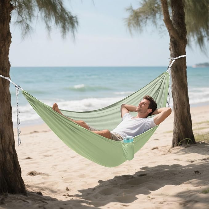 Sage Green Solid Color Camping Hammock, Portable Lightweight Single Hammock with Tree Straps and Aluminum Carabiners, 114" x 54" Travel Hammock for Hiking Backpacking Beach