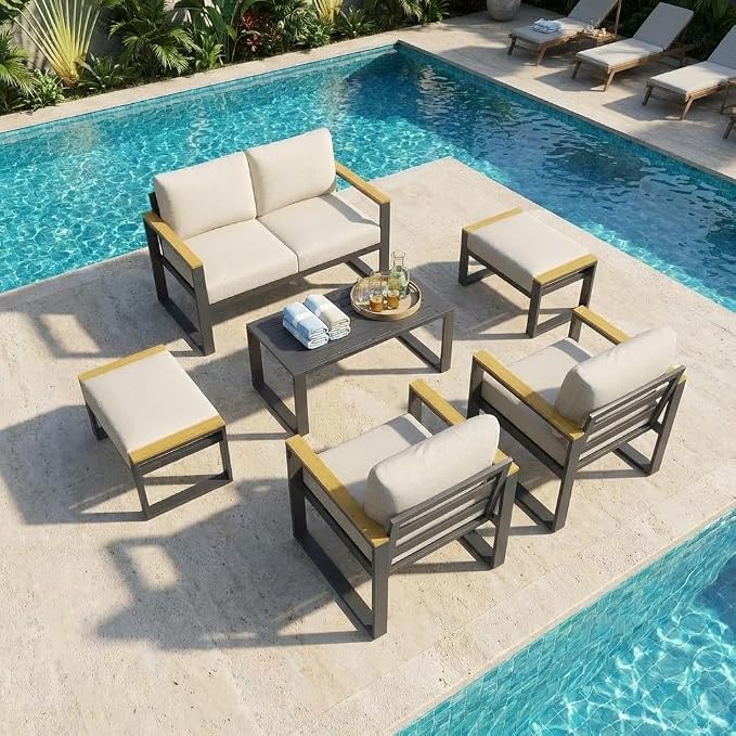 IDEALHOUSE Aluminum Patio Furniture Set, 6 Seats Outdoor Patio Conversation Sets with Coffee Table, 6 Pieces Metal Conversation Sectional Furniture Sofa for Balcony, Garden, Deck, Backyard,Beige