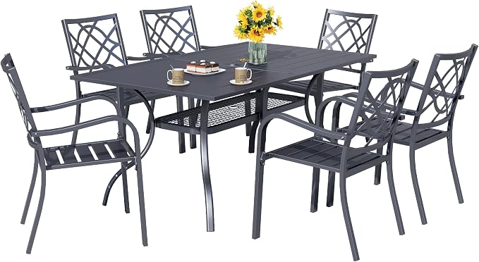 SOLAURA 7-Piece Outdoor Patio Dining Set, 6 Person Outside Table and Chairs Set, Metal Stacked Chairs of 6, Slat Table Top with 1.57" Umbrella Hole (Black)