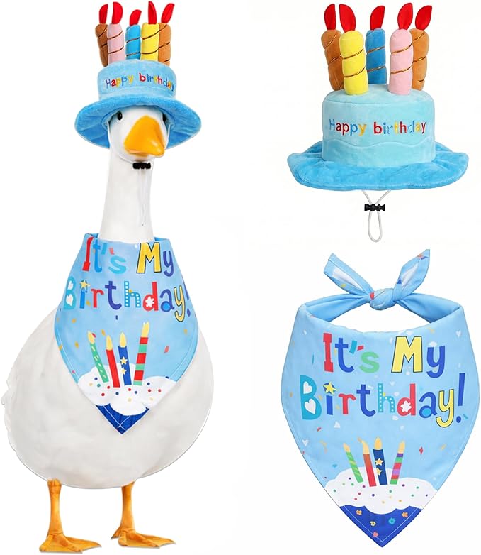 Happy Birthday Goose Outfit Porch Goose Outfits with Happy Birthday Cake Hat and Bandana Yard Geese Outfits for 23" 17" Cement/Plastic Porch Goose Outdoor Statue Patio Yard Lawn Art (Blue)
