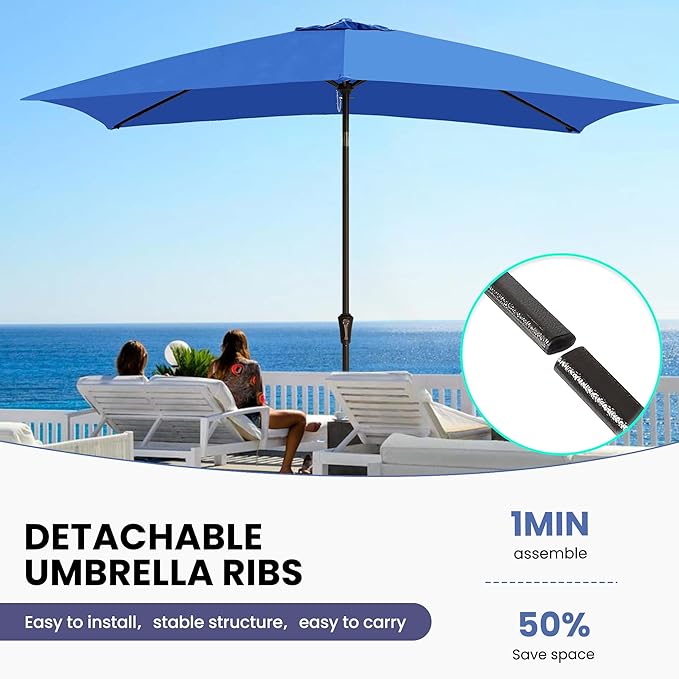Ayge 6.5x10FT Rectangular Patio Umbrella Outdoor Table Umbrella w/Push Button Tilt & Crank Rectangle Market Umbrella UV Protection for Garden,Deck,Lawn,Yard & Pool,Blue