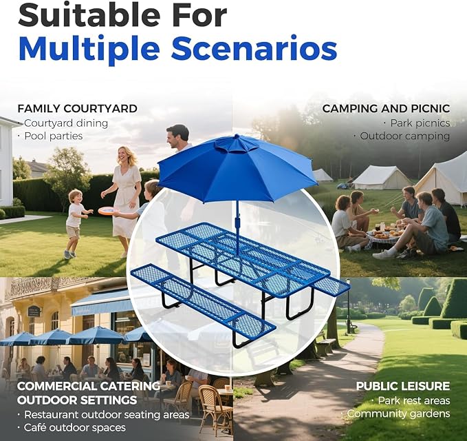 72" Coated Round Metal Picnic Table for 4-6 Person, Durable Heavy Duty Commercial Picnic Table with Umbrella Hole for Outdoor Coffee Shop, School, Easy to Install, Blue