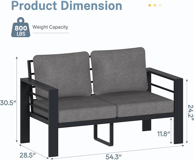 Patio Furniture Aluminum Loveseat, Modern Patio Patio Furniture with 3.54” Wide Seat and Thick Cushions, All-Weather Outdoor 2 Seats Sofa Couch for Deck, Porch