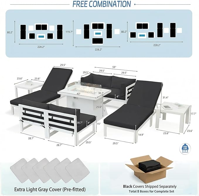 NICESOUL 9 Piece Modern Aluminum Outdoor Patio Furniture Set with Lounger & Fire Pit Table, Extra Large All-Weather Modular Sectional Couch, 29" Wide Deep Seating Conversation Sofa for Poolside, Black