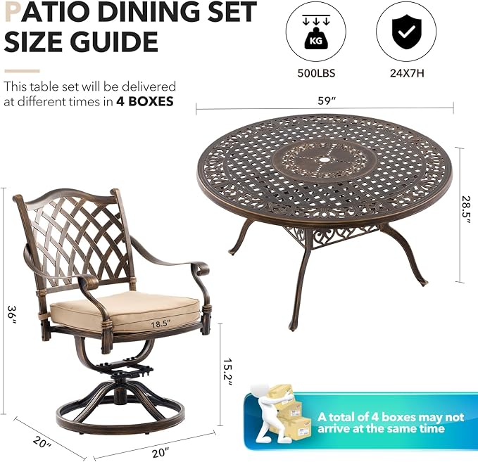 Outdoor Dining Set Cast Aluminum Retro Patio Dining Set with Thicker Cushion and Umbrella Hole for Patio Deck (Bronze Swivel Chair(Lattice), 7 Pcs(54" Round Table))