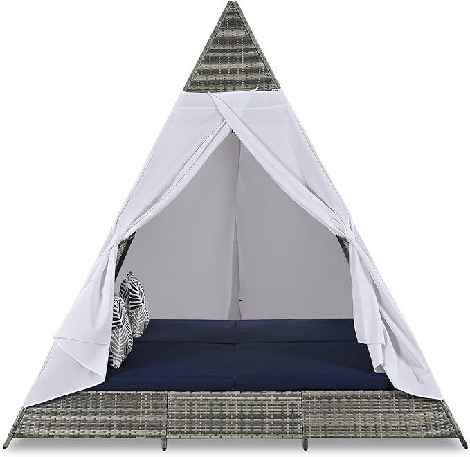 90.5" Outdoor Sunbed with Tent, Rattan Wicker Patio Daybed with Cushions and Colorful Pillows, Tent Shape Daybed, Patio Sunbed for Garden Patio Outdoor Poolside, Gray and Blue