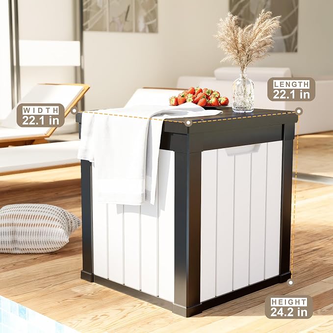 ROJIK Outdoor Storage Housing Deck Box - Waterproof Patio Furniture, Garden Tools, Cushions, Pool Accessories Storage Bench with Lockable Lid and Side Handles (Black & Whiter, 50 Gal)