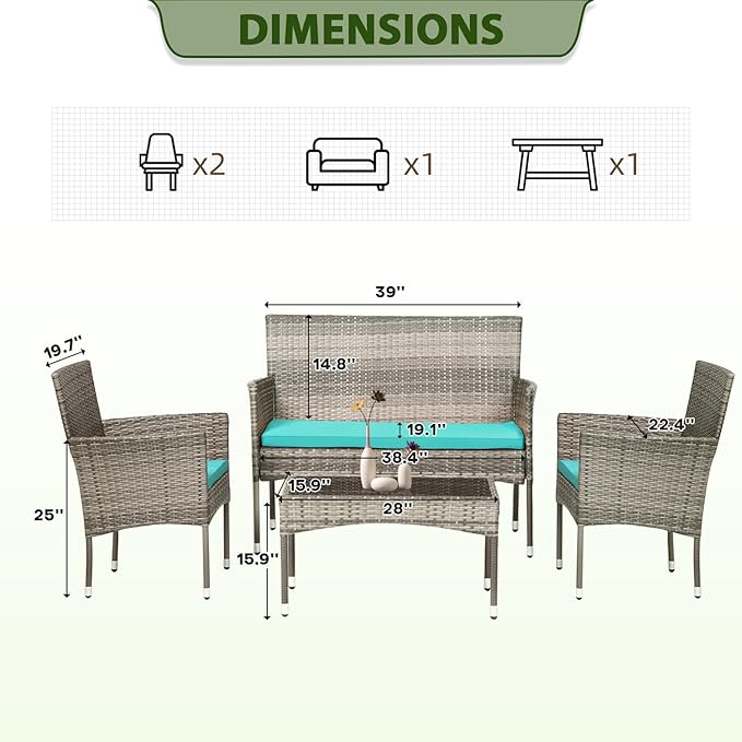 PayLessHere Outdoor Furniture Set 4 Pcs Modular Patio Furniture Set Water Resistant Conversation Set with 3 Rattan Chairs 1 Tempered Glass Topped Table for Patio Poolside, Gray Wicker/Blue Cushions