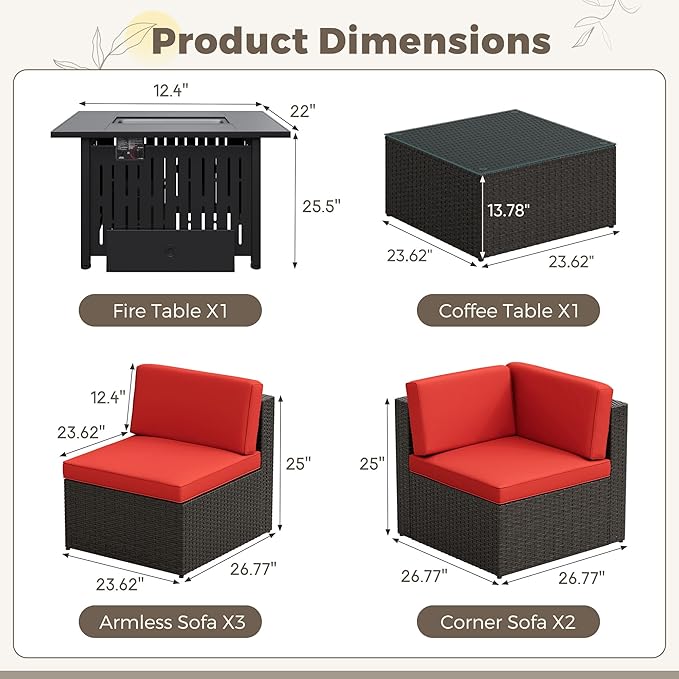 Flamaker 7 Pieces Patio Furniture Set with Fire Pit Table Outdoor Sectional Patio Sofa Furniture Set with Gas Fire Pit and Coffee Table & Ottoman Cushion Pillows, Red