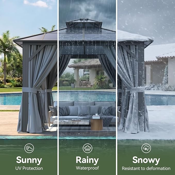 10’x10’ Hardtop Gazebo with Double Polycarbonate Roof Outdoor Metal Gazebo Sturdy Aluminum Frame & Removable Curtains, Netting Permanent Pavilion Pergola for Garden,Patio,Lawn (Gray)