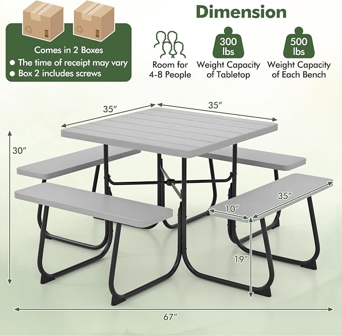 HAPPYGRILL 4-8 Person Square Picnic Table Bench Set with Umbrella Hole, Outdoor Camping Table with HDPE Material and Sturdy Metal Frame for Patio, Garden and Backyard, Gray