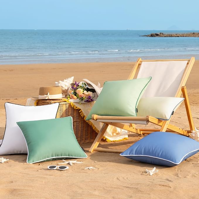 Phantoscope Pack of 2 Outdoor Waterproof Throw Pillow Covers with Contrast Piping, Decorative Square Cushion Case Patio Pillows for Couch Tent, Sage Green 20x20 inches