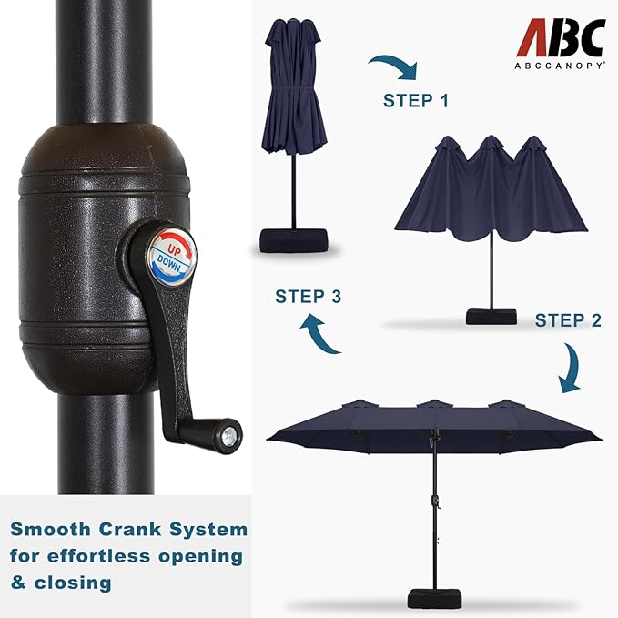 ABCCANOPY 15FT Patio Umbrella with Base, Outdoor Double-Sided Rectangle Umbrella Bonus Latch, Wights for Poolside, Lawn, Backyard (Navy Blue)