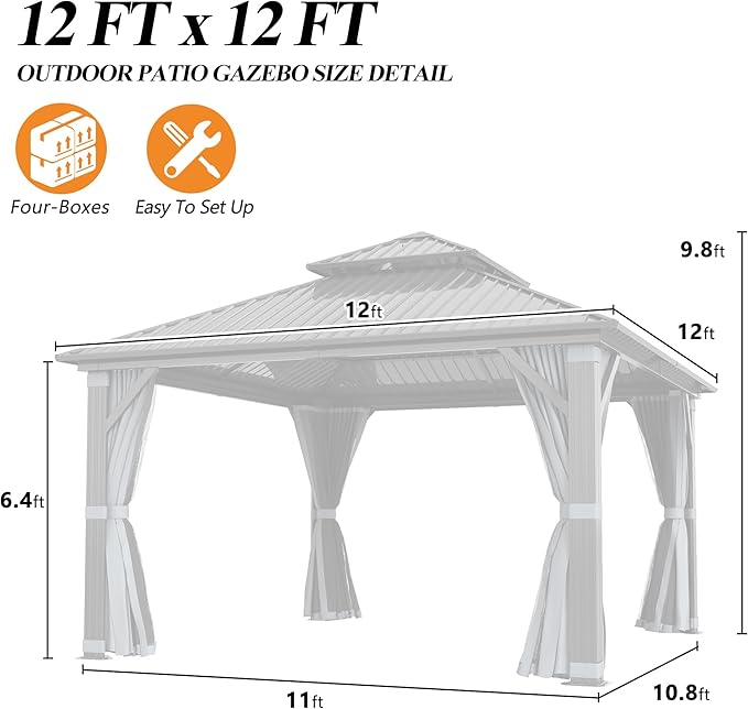 GARTOO 12'x12' Outdoor Hardtop Gazebo with Double Roof - Heavy-Duty Galvanized Steel Top Aluminum Frame Gazebo with Breathable Netting & Privacy Curtain for Patio, Porch, Garden, Lawn, Deck, Backyard