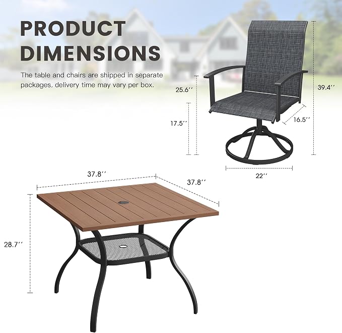 5 Pieces Patio Dining Set, Outdoor Furniture of 37.8" Square Patio Table and Patio Swivel Chairs for Backyard Lawn Garden, Walnut Table and Black Chairs
