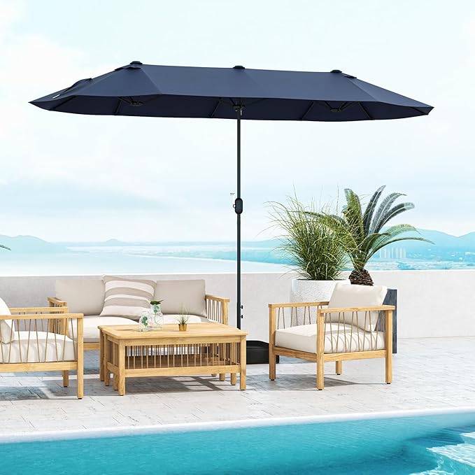 Giantex Patio Umbrella with Base, Double-Sided Outdoor Umbrella with Crank Handle, Umbrella Base Stand with 2 Sandbags, 12 Metal Ribs, Market Umbrellas for Garden Poolside Deck