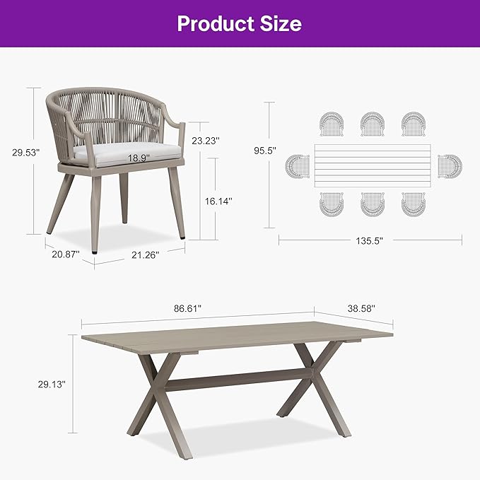 PURPLE LEAF 9 Pieces Outdoor Dining Set All Weather Wicker Patio Dining Set with Rectangular Aluminum Table and Modern Armrest Dining Chairs for Garden Deck Backyard Kitchen, Champagne