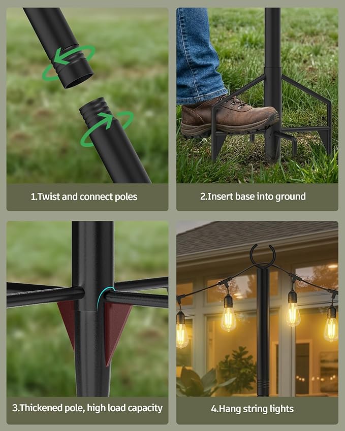 LAND·VOI String Light Poles 4 Pack, Heavy Duty Outdoor Light Poles with Upgraded 5‑Prong Base, Anti‑Bending Stable Design for Backyard Patio Garden Wedding Party Decoration