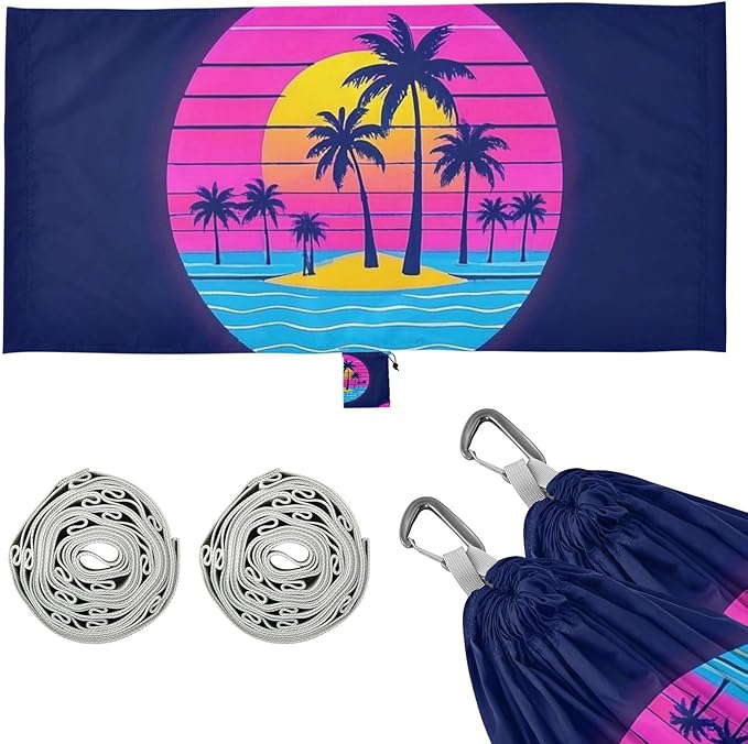 Summer Neon Coconut Tree Sunset Beach 330lb Capacity Outdoor Hammock with Portabl Carry Bag Swing Hammock for Indoor Outdoor Patio Base para poner hamaca