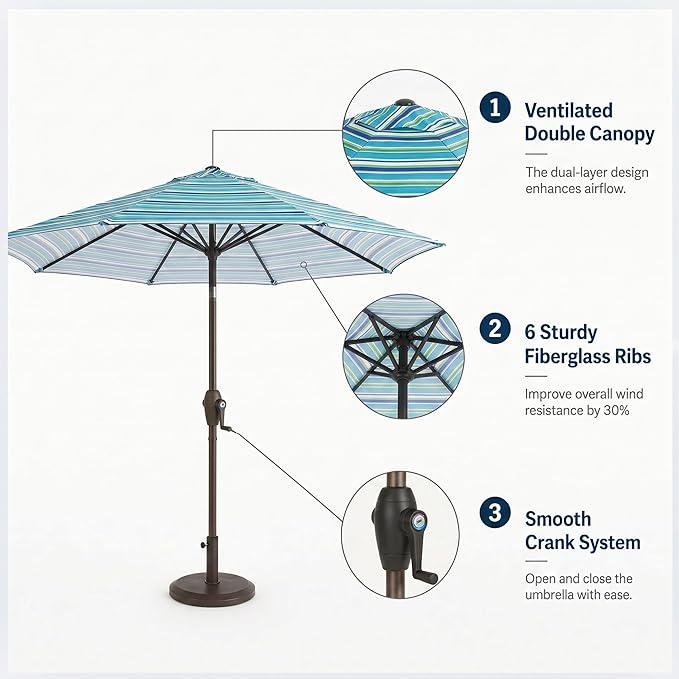 7.5ft Patio Umbrella, Outdoor Table Market Umbrella with Smooth Crank Lift, 6 Windproof Fiberglass Ribs, UPF50+ UV Protection for Deck, Pool, Garden and Backyard