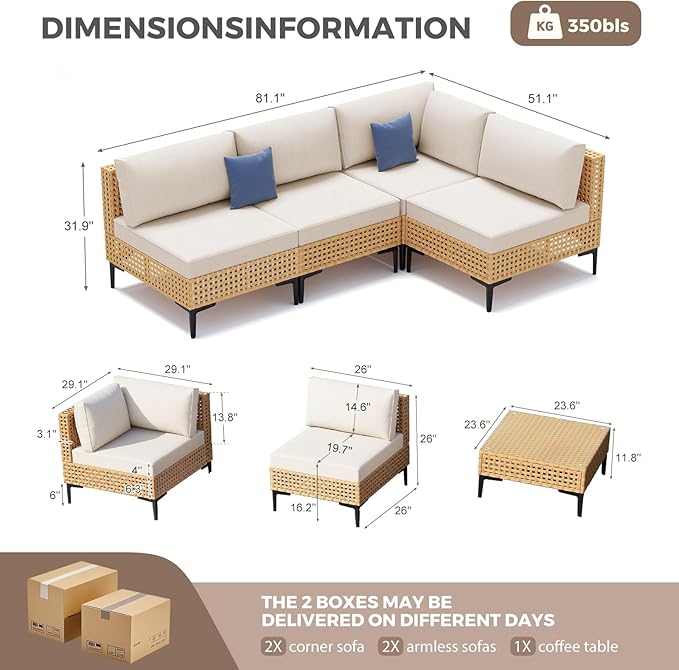 Outdoor Sectional 5 Piece Patio Furniture Set Free Combination Outdoor Couch with Thick Cushion All Weather Wicker Patio Conversation Sets for Backyard, Deck, Poolside
