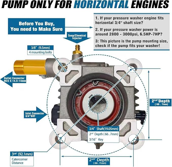 3000PSI Pressure Washer Pump 3/4" Shaft, Horizontal Power Washer Pump Replacement Universal Power Washer Pumps for Pressure Washer 2800-3000 PSI