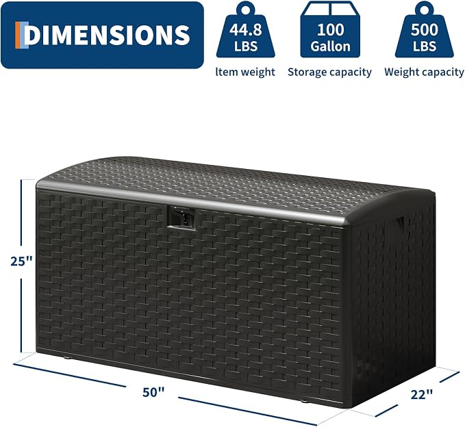 Patikuin 99 Gallon Outdoor Resin Deck Box - Waterproof & UV-Resistant Storage Bench with Lockable Lid, Gas Struts - Rattan Texture for Cushions, Garden Tools, Pool Accessories - Black