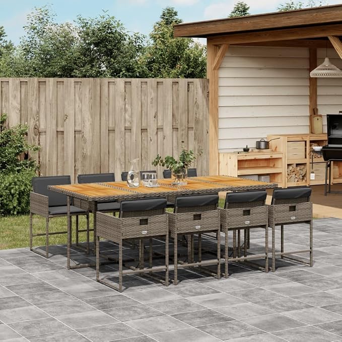 9 pcs Set Patio Dining Set & Garden Dining Set Gray PE Rattan Outdoor Dining Set Balcony Furniture for Backyard Front Porch Lawn 86.6 x 41.7 x 28.7 in