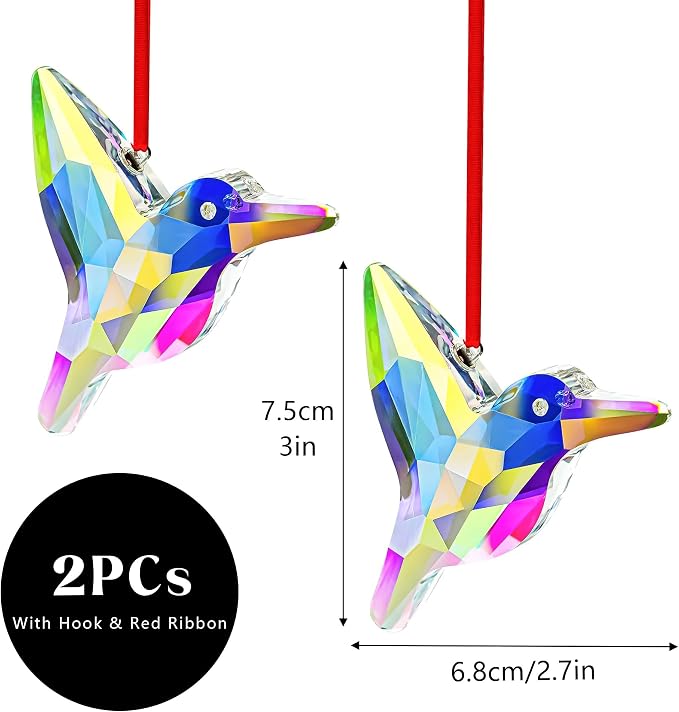 2 Pcs 3 Inch AB Coating Crystal Hummingbird Suncatcher Hanging Window Decor | AB Colored Crystal Glass Hummingbird Prisms Sun Catchers Hanging Pendants Set of 2 for Window Garden Christmas Tree Decor